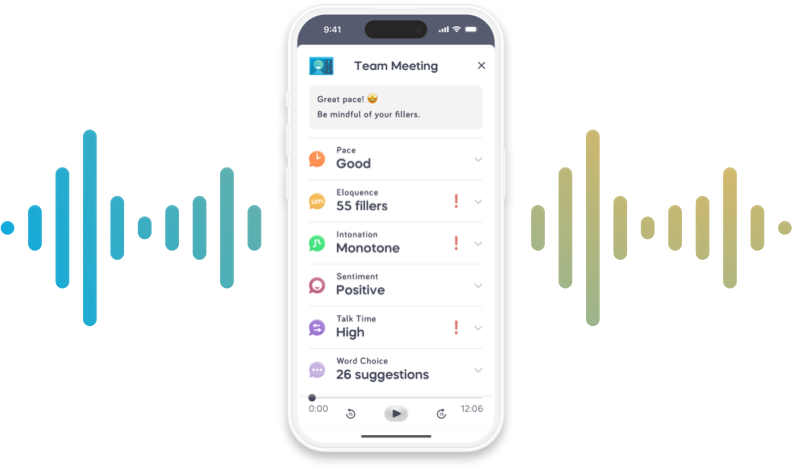 Screenshot of the UI of Speeko, a public speaking app.