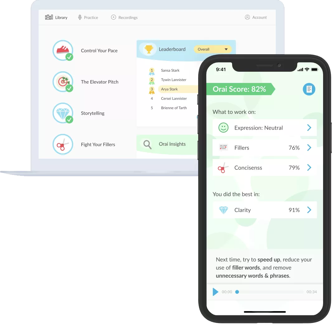 Screenshot of the UI of Orai, a public speaking app.
